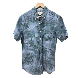 J. Crew Tropical Green Blue Men's Cotton Button Up Shirt sz Med Tall Hawaiian